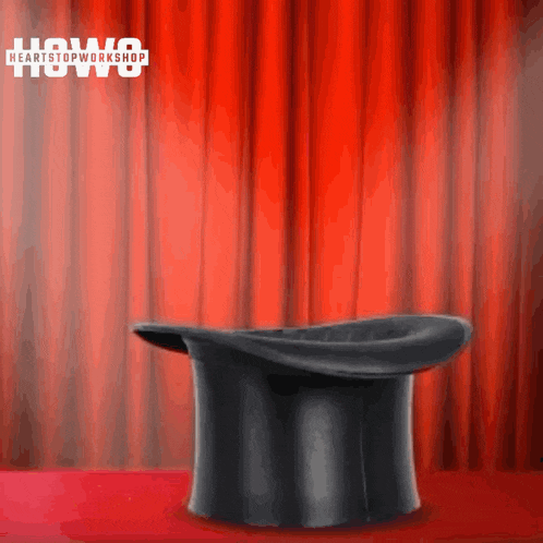 a black top hat is sitting in front of a red curtain with how8 written on the bottom