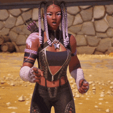 a woman with braids and a bow and arrow stands in front of a stone wall