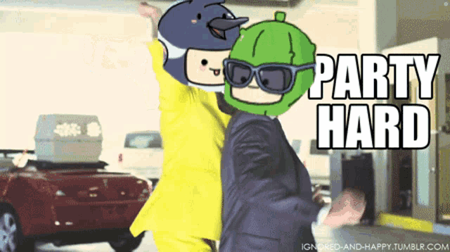 a cartoon of a man in a yellow suit and a man in a green helmet saying party hard