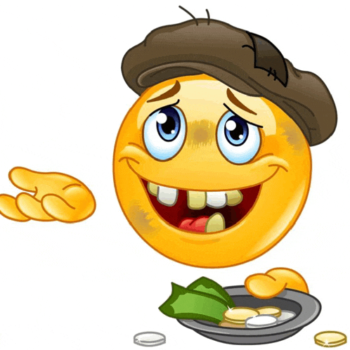 a smiley face wearing a hat and holding a plate of money and coins