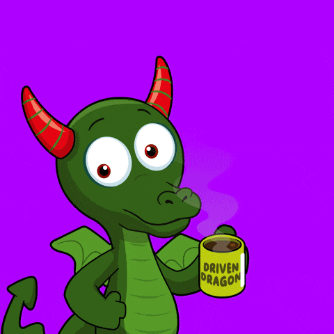 a cartoon of a green dragon drinking from a yellow cup that says driven dragon