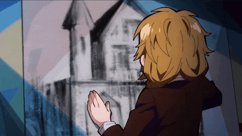 a person is praying in front of a drawing of a building