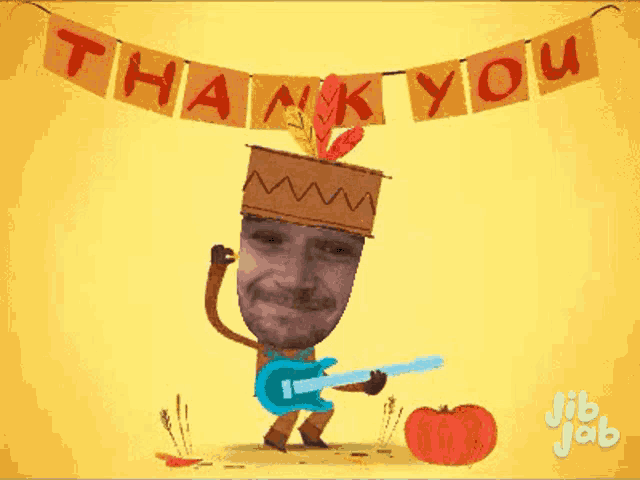 a cartoon of a man playing a guitar with a thank you banner hanging above him .