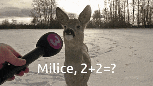 a person is holding a microphone in front of a deer that has the number 3 on it