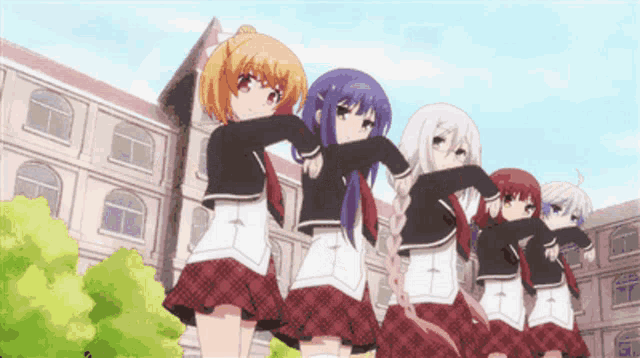 a group of anime girls are standing in front of a school building
