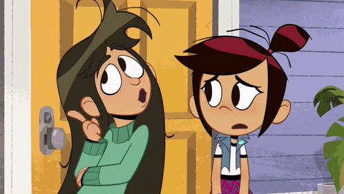 two cartoon girls are standing in front of a door