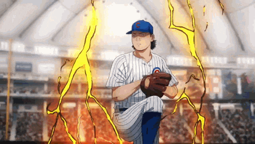 a baseball player with the letter c on his hat is getting ready to throw a ball