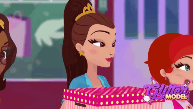 a cartoon of three girls with the words cabinet model on the bottom right