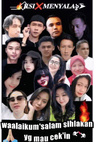 a group of people standing next to each other with the words waalaikum salam silahkan yg mau cek 'in at the bottom