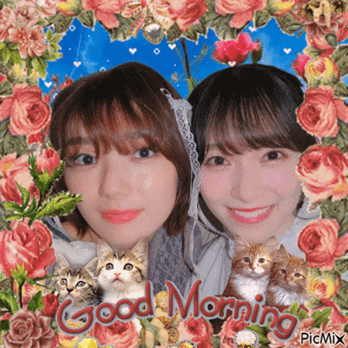 a picture of two girls and kittens with the words good morning on it