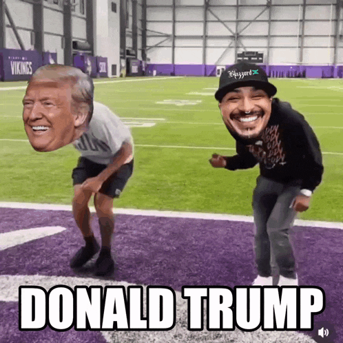 two men are dancing on a football field with donald trump written in the corner