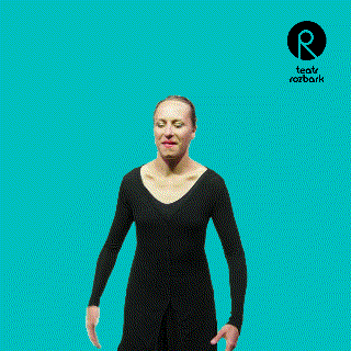 a woman in a black jumpsuit is dancing in front of a blue background that says teatr rozbark on it