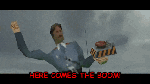 a man in a suit is holding a box with the words here comes the boom