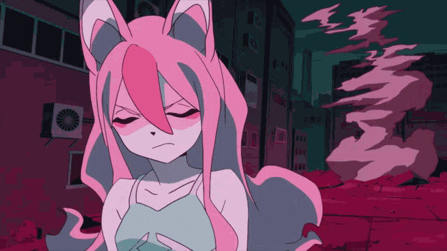 a cartoon character with pink hair is standing in front of a building with smoke coming out of it