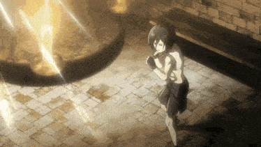 a person is standing in a room with a brick wall and a bench .