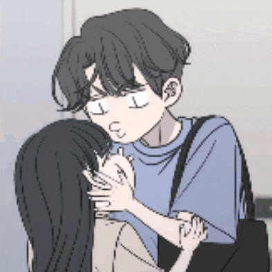 a cartoon of a boy hugging a girl with long hair .