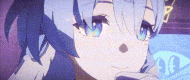 a close up of a person 's face with blue eyes and white hair .