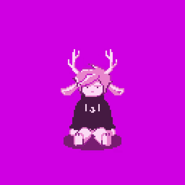a pixel art illustration of a girl with pink hair and antlers sitting on the ground .