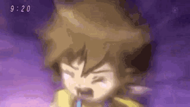 a close up of a cartoon character with a purple background and a purple sky in the background .