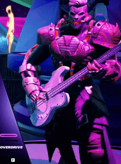 a video game character is playing a bass guitar in front of a screen that says " overdrive "