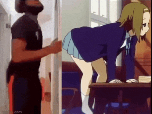 a man with a beard is standing next to a girl in a school uniform kneeling at a desk .