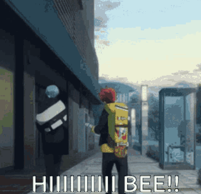 a man with a skateboard is walking down a sidewalk with the words " hiiiiii bee !! "