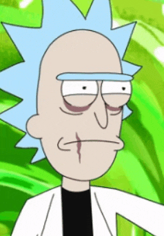 a close up of rick from rick and morty making a sad face