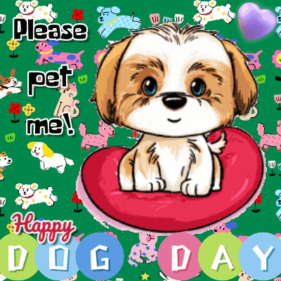 a cartoon dog is sitting on a red pillow with the words please pet me happy dog day