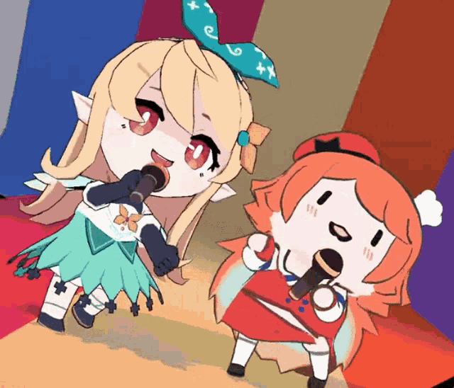 two cartoon characters singing into microphones with one wearing a bow