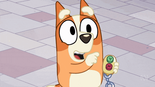 a cartoon dog is holding a remote control with two green buttons