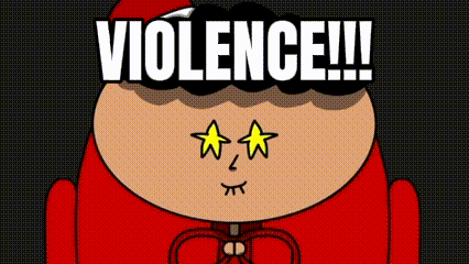 a cartoon character with stars on his eyes and the word violence written above him