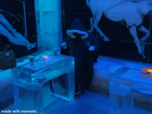 a person standing in a room made of ice with the words made with mematic in the corner