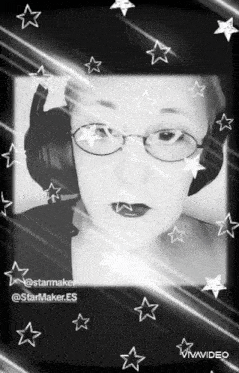 a woman wearing headphones and glasses is surrounded by stars