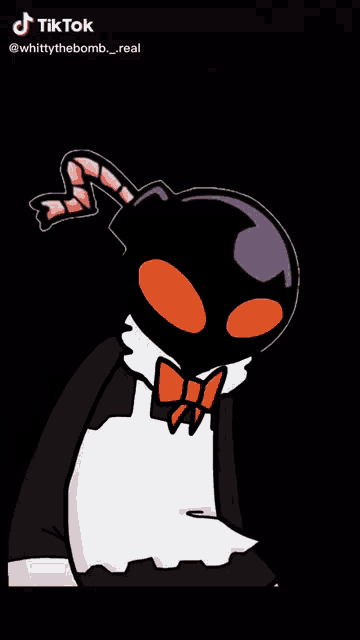 a cartoon character with a bomb on his head is wearing a maid outfit and bow tie .