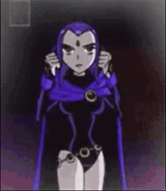 raven from teen titans is wearing a purple cape and a hood .