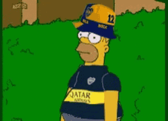 a cartoon of homer simpson wearing a qatar shirt and hat