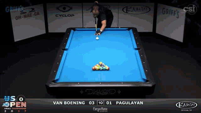 a pool table with a man holding a cue in front of a sign that says griff 's oh-mae-ga