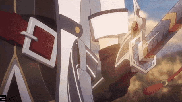 a close up of a person holding a sword with a watermark that says ' crunchyroll ' on the bottom