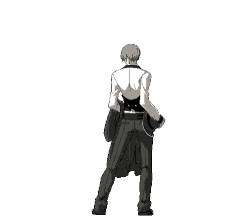 a pixel art of a man in a suit and hat holding a gun .