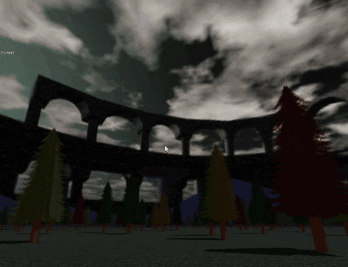 a computer screen shows a bridge and trees with funny written on the bottom