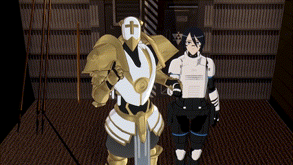 a knight with a cross on his mask is standing next to another knight