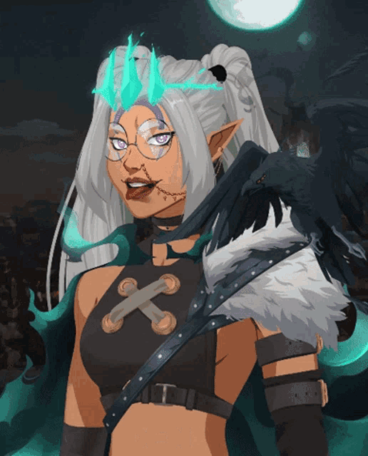 a cartoon character with a crow on her shoulder