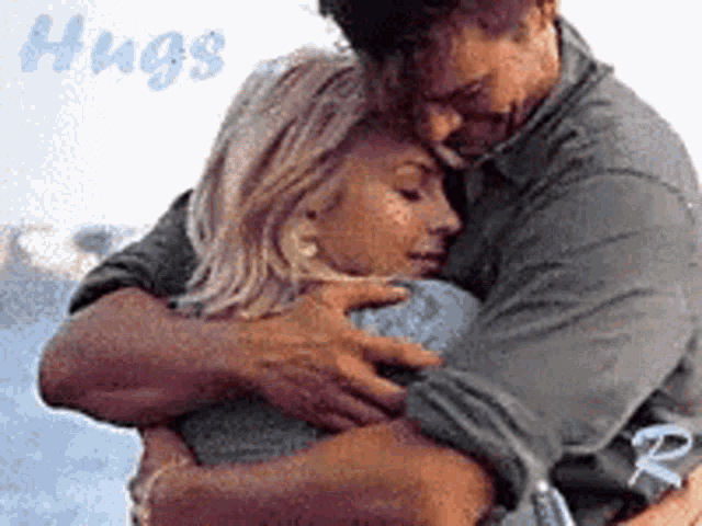 a man and a woman hugging with the word hugs written on the bottom