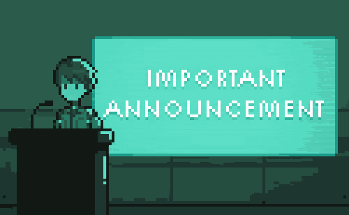a pixel art illustration of a man at a podium with a sign that says important announcement