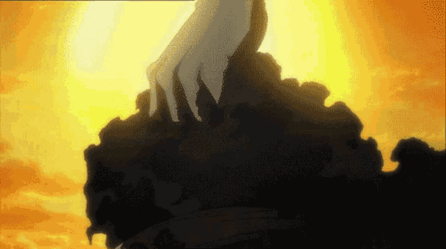 a person 's hand is reaching out towards a cloud in the sky