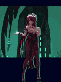 a woman with red hair and a crown on her head is standing in front of a dark background .