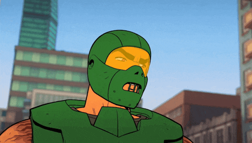 a cartoon character wearing a green helmet with a yellow visor