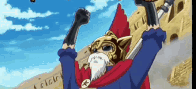 a cartoon of a man with a beard and a helmet holding a sword