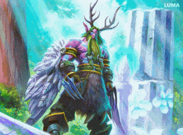 a painting of a man with a beard and antlers with luma written on the bottom right