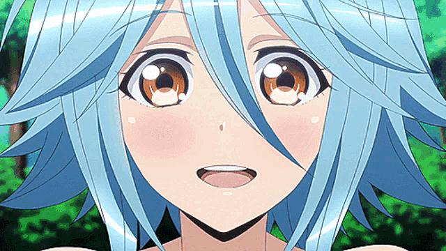a close up of a girl with blue hair
